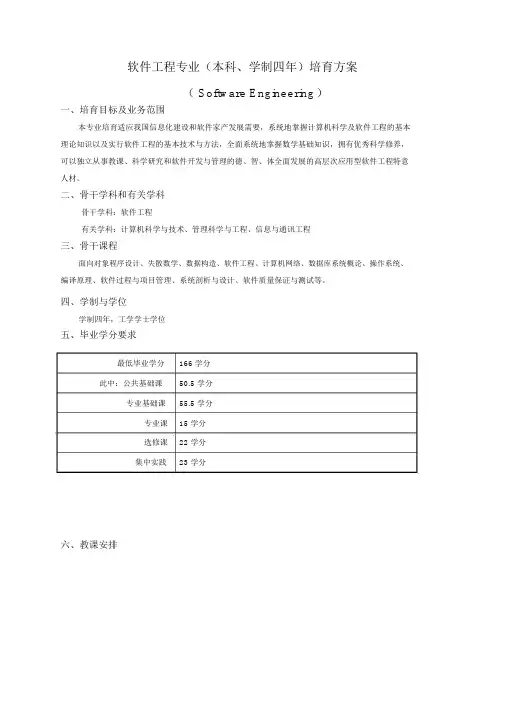 软件工程专业(本科、学制四年)培养方案