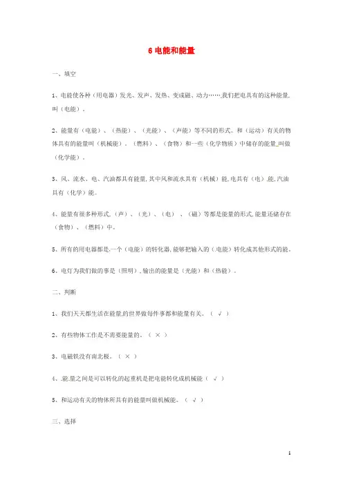 六年级科学上册3.6电能和能量练习题教科版