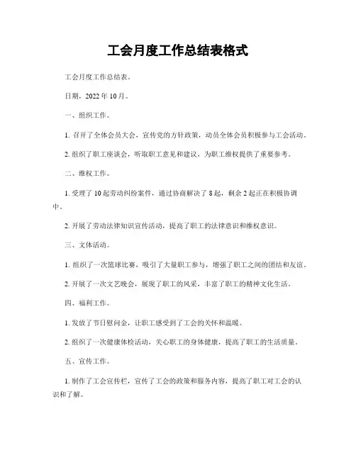 工会月度工作总结表格式