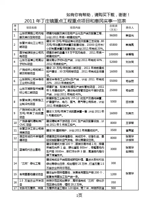 丁庄镇重点工程重点项目和惠民实事一览表