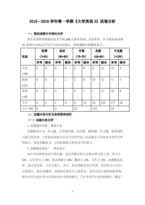 (完整word版)《大学英语3》试卷分析1