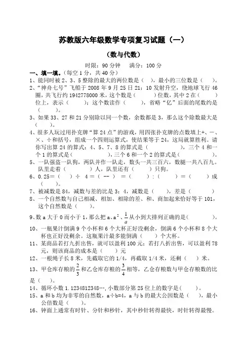 苏教版六年级数学专项复习试题(一)数与代数