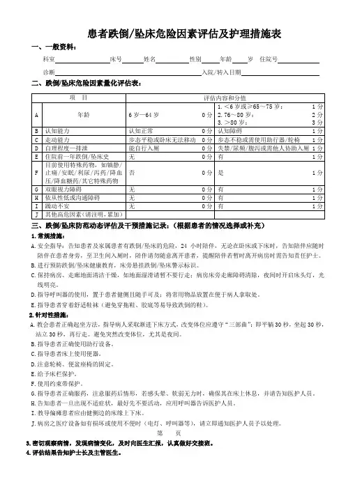 患者跌倒坠床危险因素评估及护理措施表