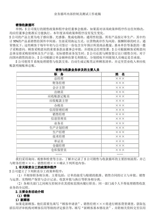 业务循环内部控制及测试工作底稿