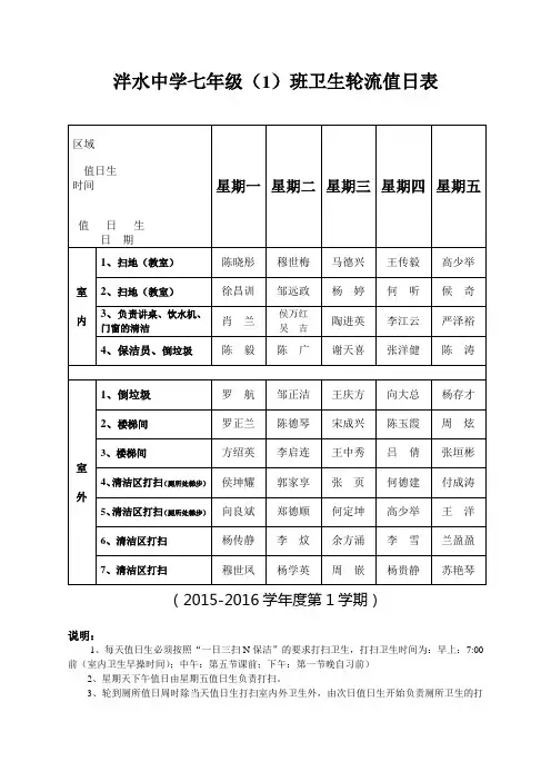 卫生轮流值日表