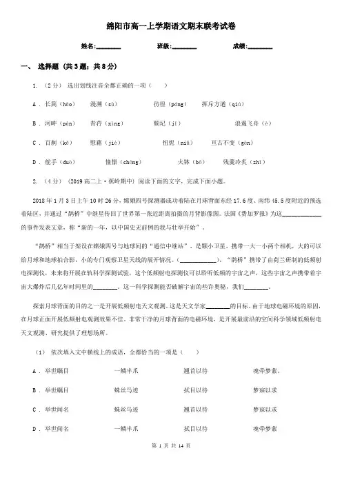 绵阳市高一上学期语文期末联考试卷