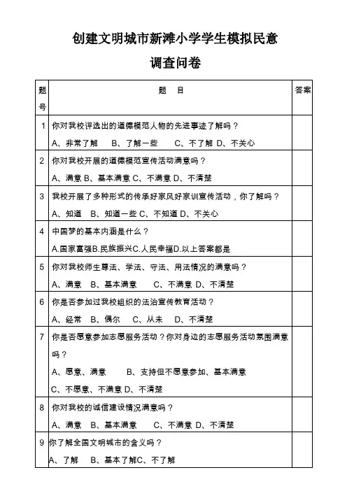 全国文明城市创建学生民意调查问卷