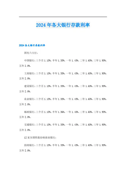 2024年各大银行存款利率