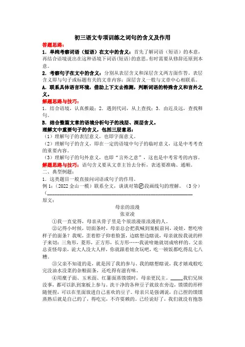 最新中考语文专题复习：词句的含义及作用