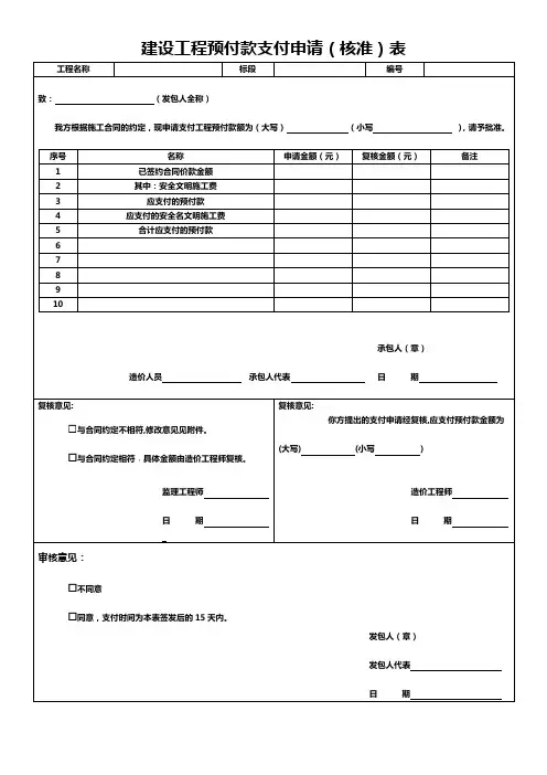 建设工程预付款支付申请(核准)表