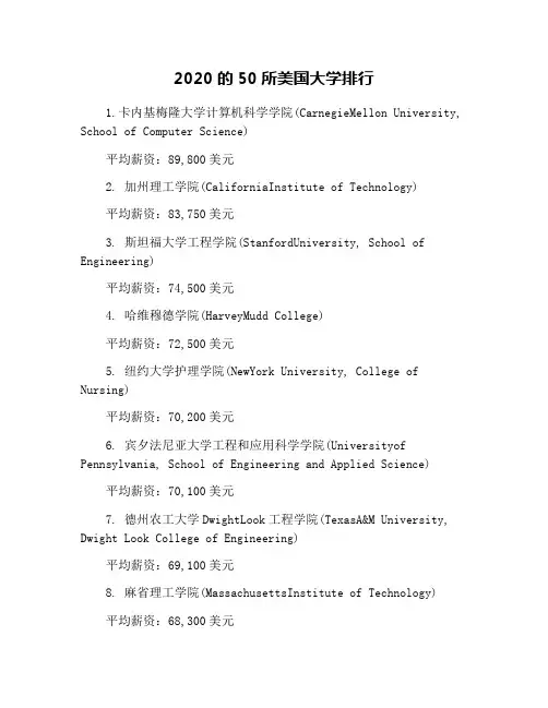 2020的50所美国大学排行
