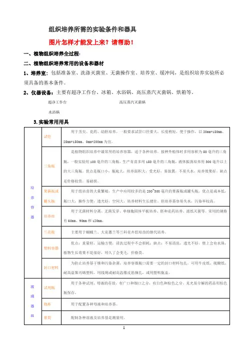 组织培养所需的实验条件和器具