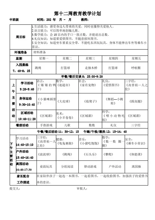 幼儿园中班级教育教学周计划表
