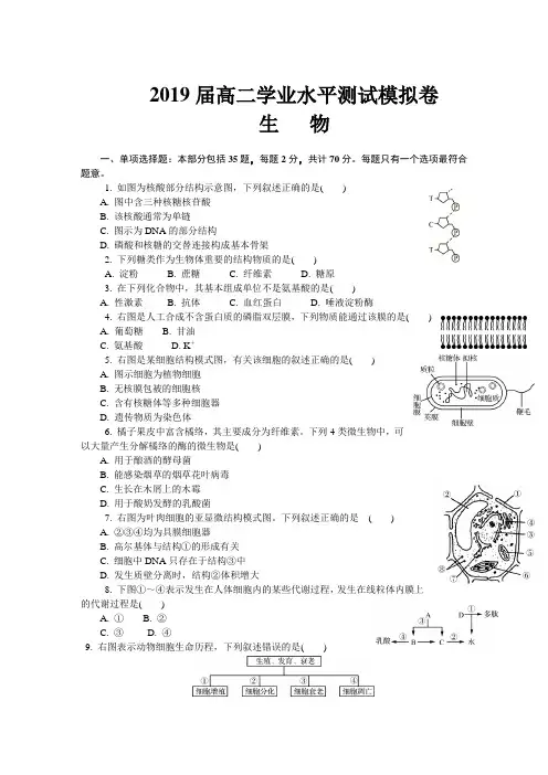 江苏省徐州市2018-2019学年高二学业水平测试模拟卷(2月) 生物 含答案