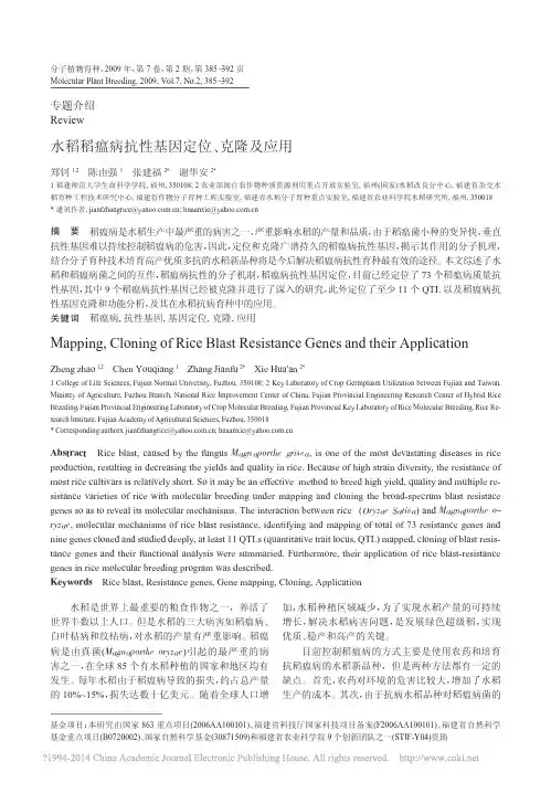 水稻稻瘟病抗性基因定位_克隆及应用2009郑钊