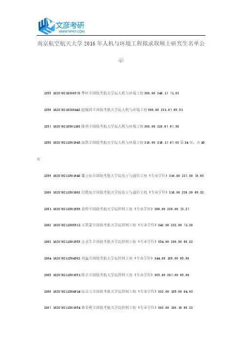 南京航空航天大学2016年环境工程拟录取硕士研究生名单公示