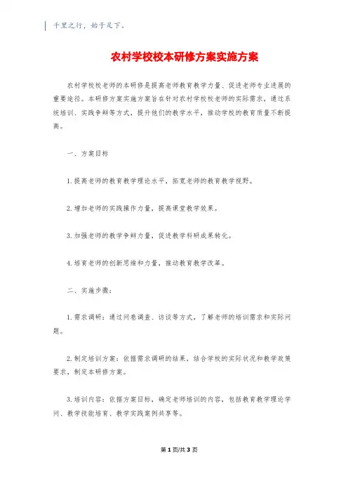 农村小学校本研修计划实施方案
