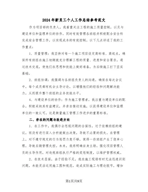 2024年新员工个人工作总结参考范文（5篇）