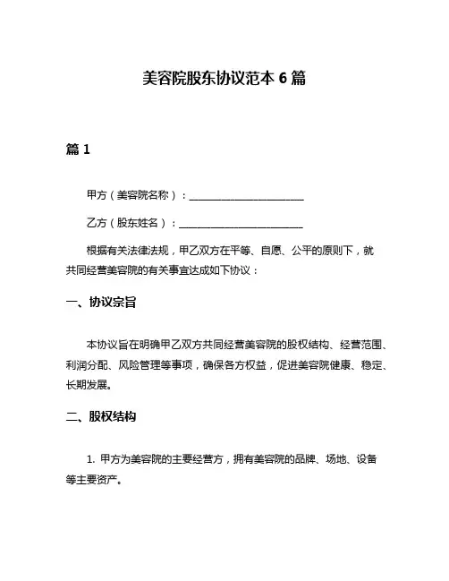 美容院股东协议范本6篇