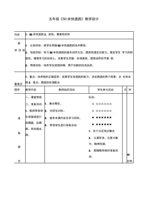 (完整版)五年级50米快速跑教案
