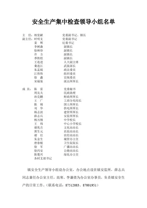 安全生产集中检查领导小组名单
