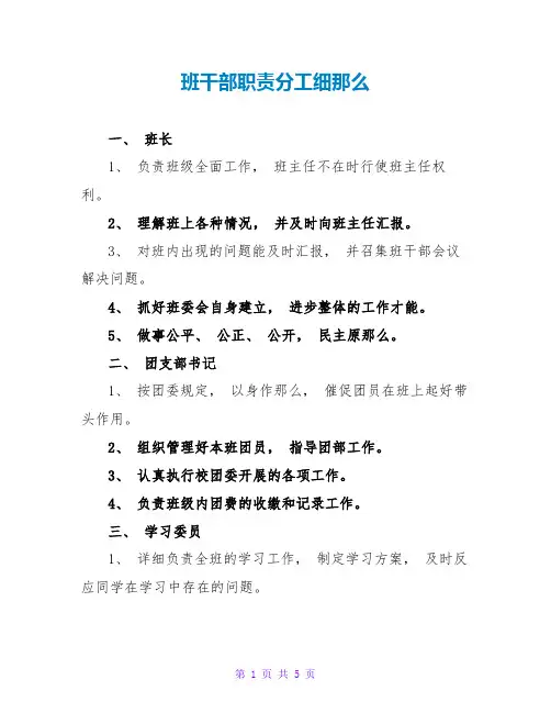 班干部职责分工细则