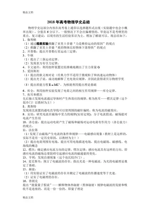 2018高中物理学史(归纳整理版)(汇编)