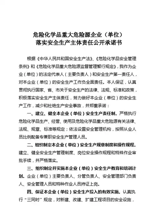 危险化学品重大危险源企业(单位)落实安全生产主体责任公开承诺书