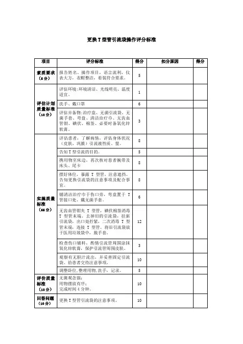 《更换T型管引流袋》操作评分表