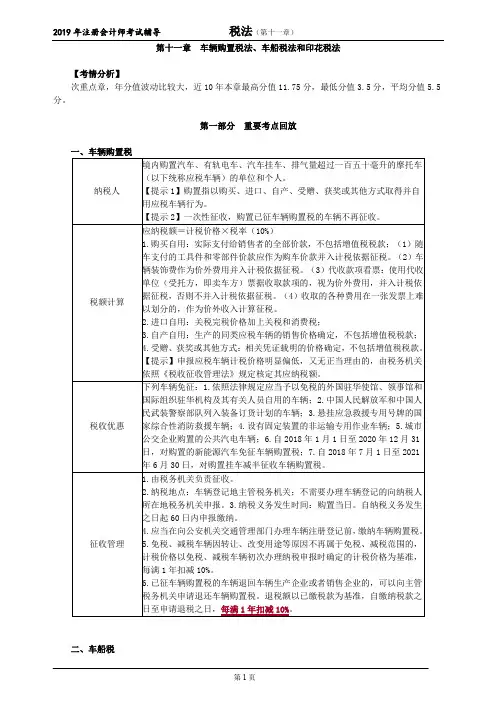 注册会计师 CPA 税法  分章节考点讲解及例题  第十一章 车辆购置税法、车船税法和印花税法