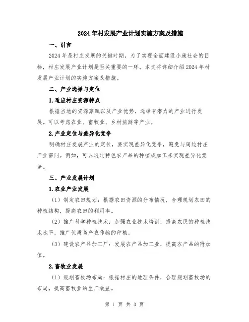 2024年村发展产业计划实施方案及措施