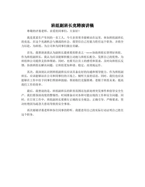 班组副班长竞聘演讲稿