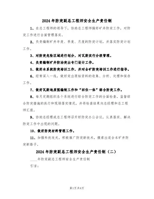 2024年防突副总工程师安全生产责任制（二篇）