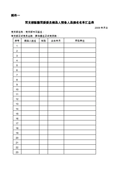 党支部酝酿党委委员候选人预备人选提名名单汇总表
