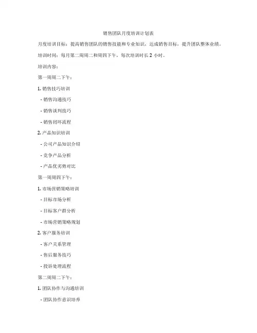 销售团队月度培训计划表