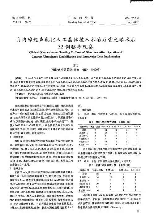 白内障超声乳化人工晶体植入术治疗青光眼术后32例临床观察