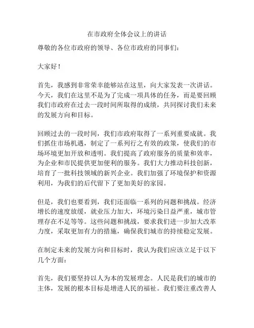 在市政府全体会议上的讲话