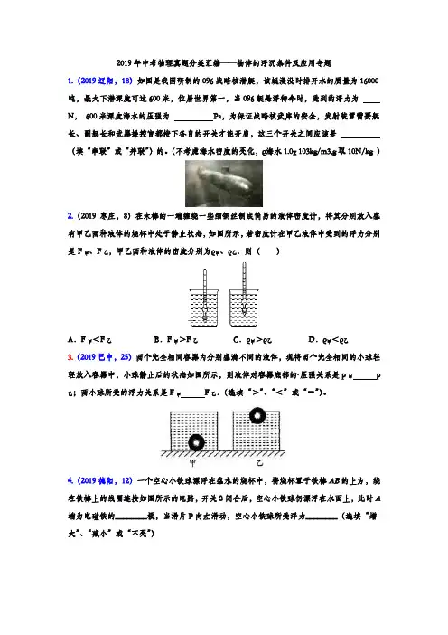 2019年中考物理真题分类汇编——物体的浮沉条件及应用专题(word版含答案)