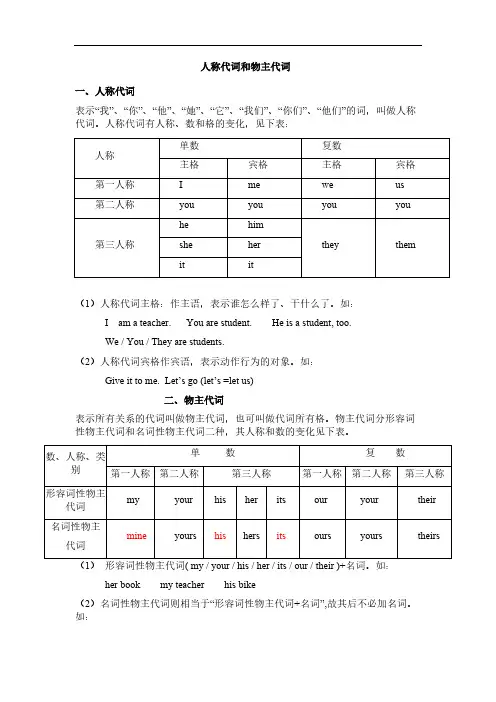 初一英语人称代词和物主代词的表格及练习题