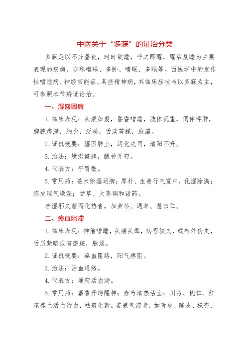 中医关于“多寐”及证治分类