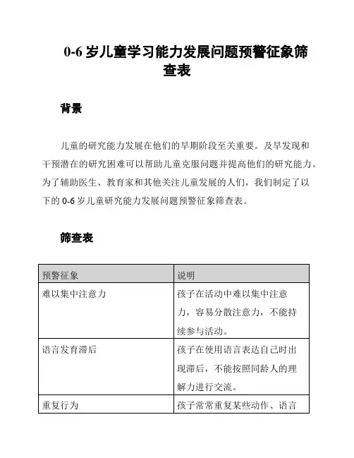 0-6岁儿童学习能力发展问题预警征象筛查表