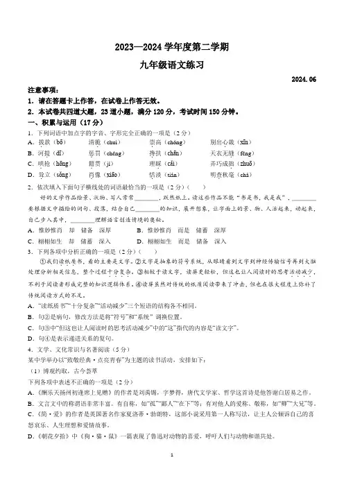 2024年辽宁省大连市瓦房店中考三模语文试题(含答案)