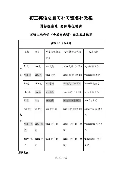 初三英语中考语法复习名补教案 —人称代词(含反身代词)讲解及练习(含答案)