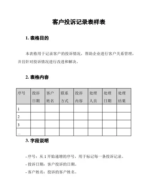 客户投诉记录表样表