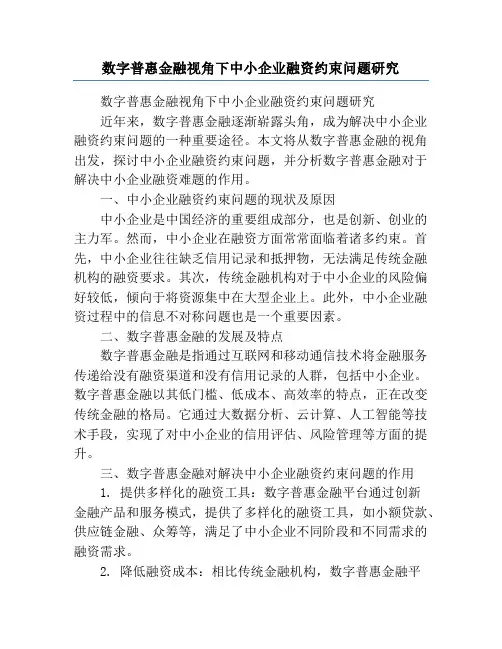 数字普惠金融视角下中小企业融资约束问题研究
