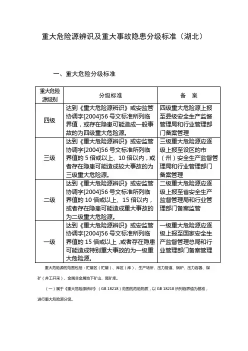 重大危险源辨识及重大事故隐患分级标准湖北