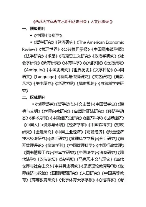 《西北大学优秀学术期刊认定目录(人文社科类)》