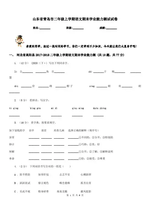 山东省青岛市二年级上学期语文期末学业能力测试试卷