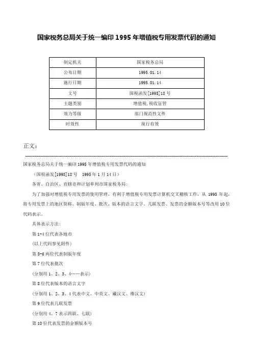 国家税务总局关于统一编印1995年增值税专用发票代码的通知-国税函发[1995]18号