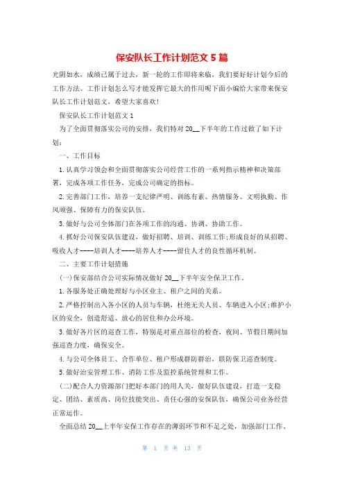 保安队长工作计划范文5篇